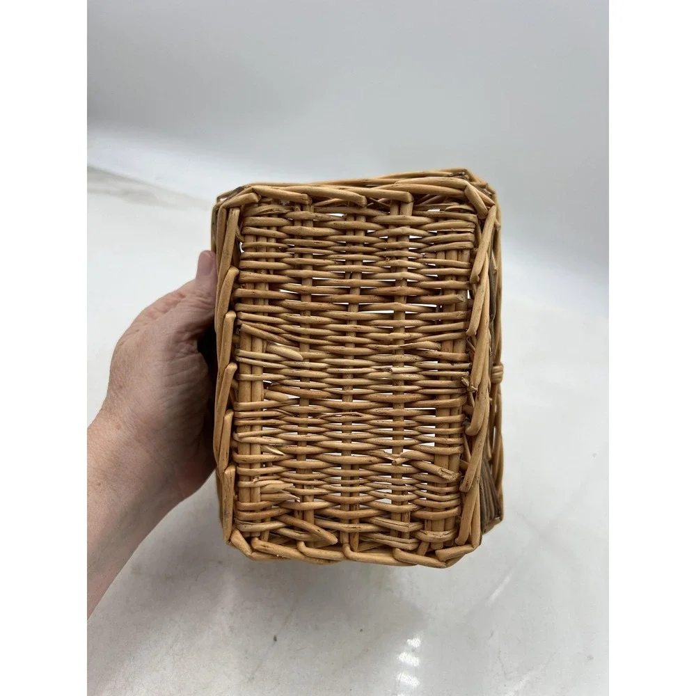 Small Rectangular Wicker Basket with Handle Natural Two-Tone Rustic Decor 9in